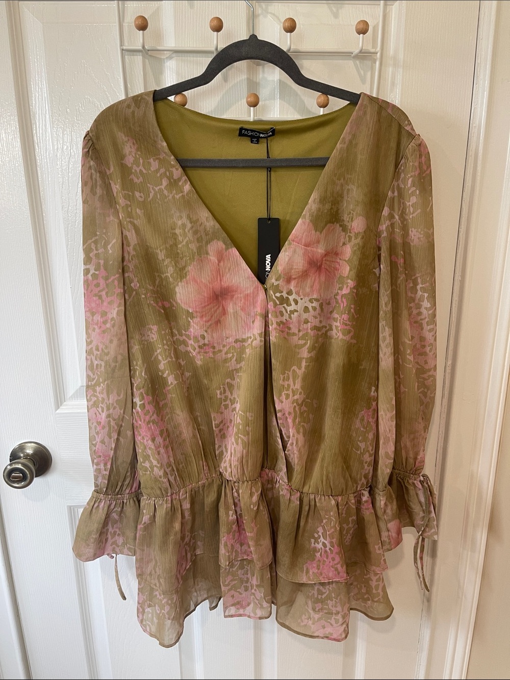 Fashion Nova Olive and Pink bohemian Bliss belted chiffon mini dress